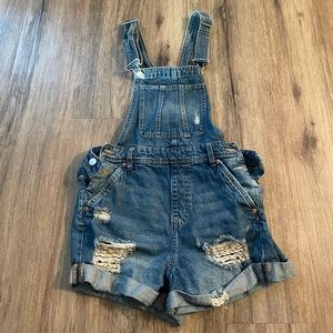 Distressed Denim Overall Shorts